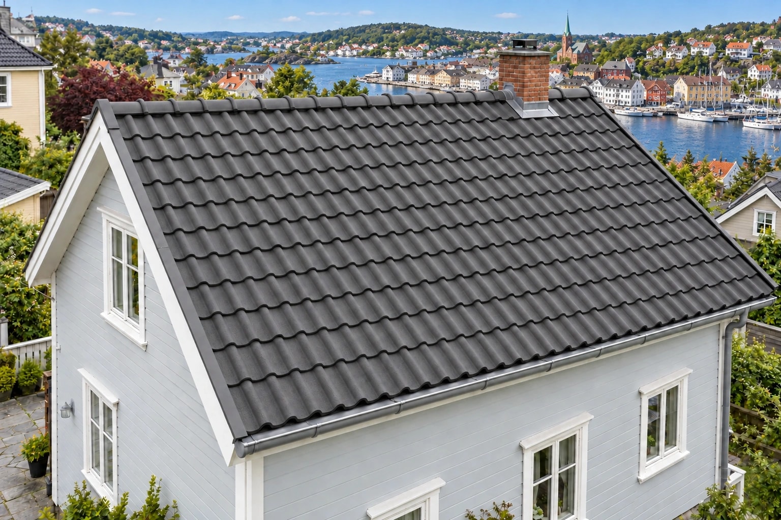Illustrasjon av huset med ny takstein og nye beslag