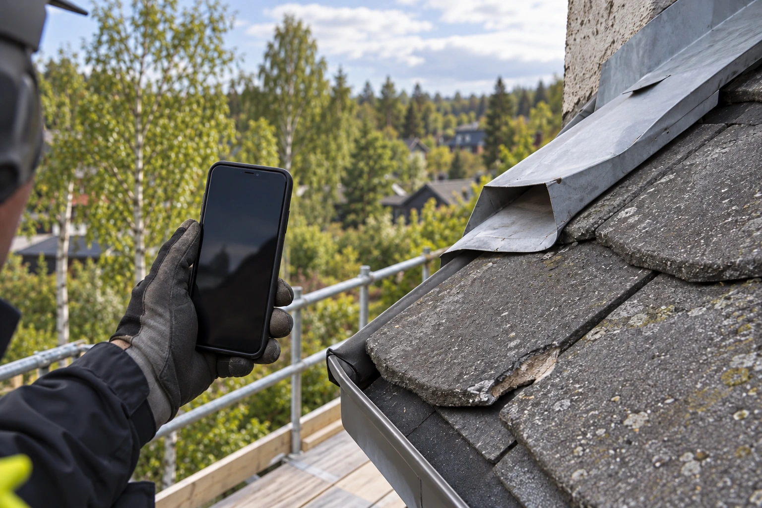 En takskade dokumenteres med telefon; et metallbeslag er bøyd ut fra underlaget.